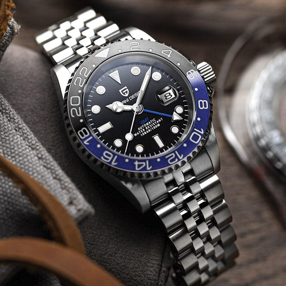 Luxury GMT Men Mechanical Wristwatch Sapphire Glass Stainless Steel 100M Waterproof Automatic Watches