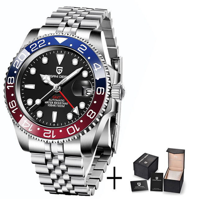 Luxury GMT Men Mechanical Wristwatch Sapphire Glass Stainless Steel 100M Waterproof Automatic Watches